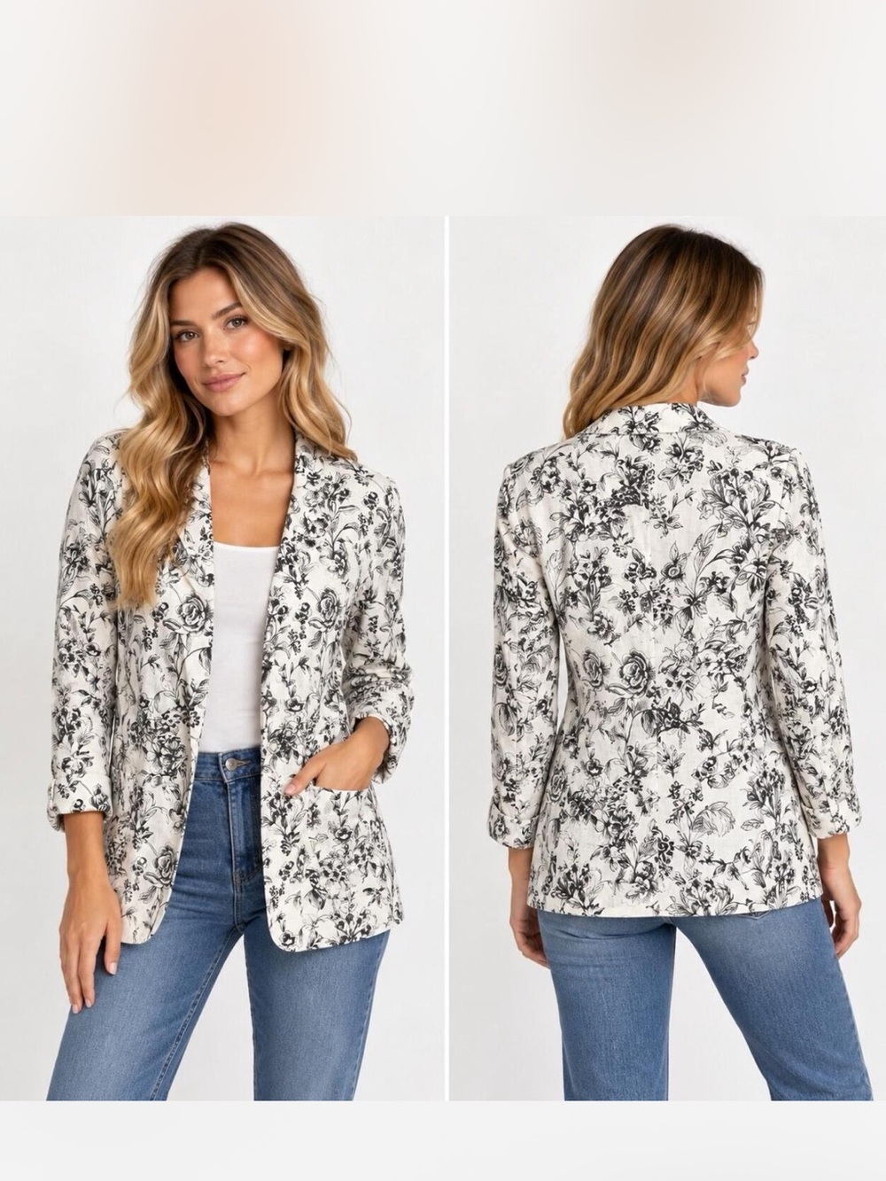 Joie 100% Linen Black & White Floral Open-Front Blazer